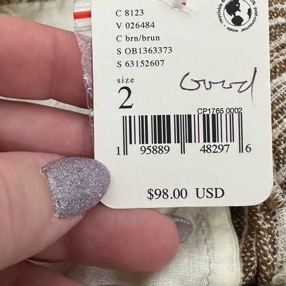 Free People Pants 2 Tan White Striped Cotton Loose Relaxed Gauzy‎ Pull On NWT - Picture 8 of 10